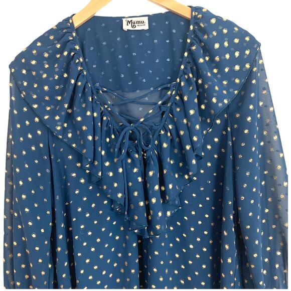 Show Me Your Mumu Elton Ruffled Lace Up Blouse Teal Gold Polka Dot M Medium - Picture 9 of 12